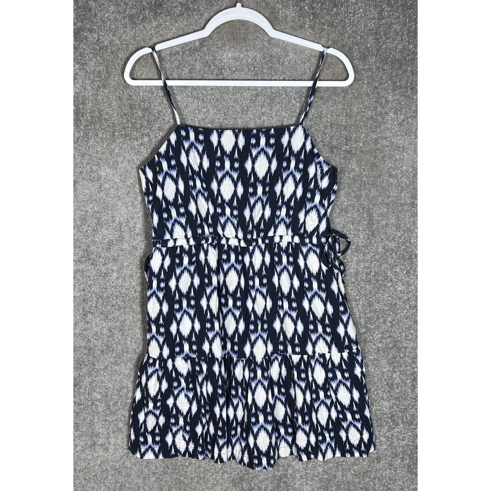 Gap Linen Blend Sleeveless Tiered Mini Dress Womens Sz Medium Blue Ikat Pockets
